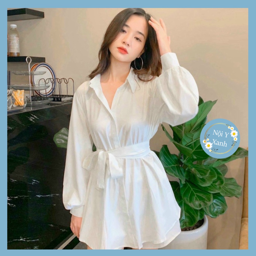 set đồ nữ sang chảnh, bộ đồ nữ áo sơ mi dài dây eo kèm quần 2 màu basic nội y xanh chất đẹp giá tốt