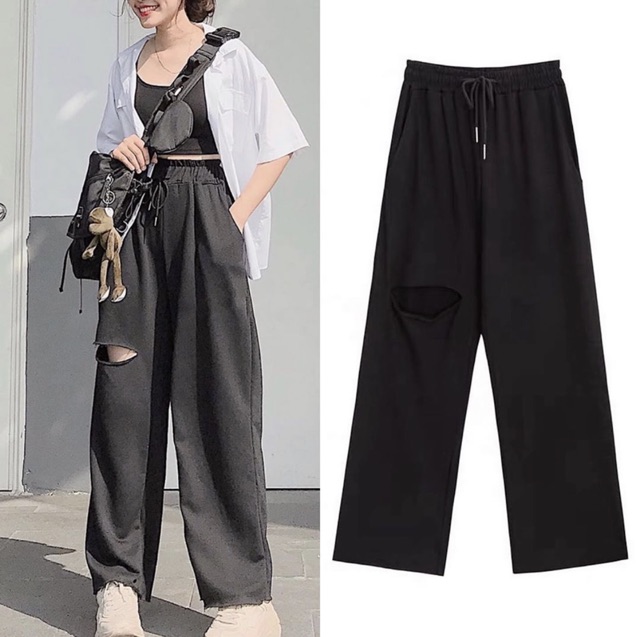 [Mã FAMAYWA giảm 10K đơn 50K] Quần Vải Nỉ Ống Suông Rách Gối Lai Tưa Iru Jem Closet ( 3 size 40kg-80kg ) | BigBuy360 - bigbuy360.vn