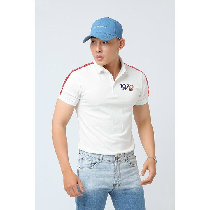 Áo thun nam có cổ tay ngắn thêu 1970 chất vảo thun cotton poly co giãn không nhăn phom suông - ATN50
