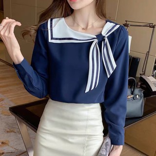 Sơ mi cổ nơ lệch Hàn Quốc