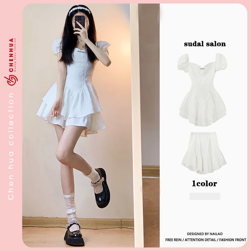 Váy trắng tiểu thư HUAHUA đầm retro kèm chân váy xòe hai lớp xinh VT32