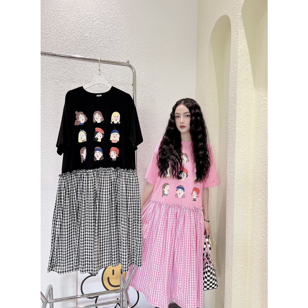 Đầm Suông Đuôi Cá Phối Caro, Họa Tiết Dễ Thương - HN215