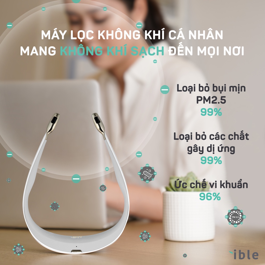 Máy Lọc Không Khí Cá Nhân Tạo ion Âm Tiêu Diệt Virus Vi Khuẩn - Ible Airvida L1- Màu Trắng - Hàng  Chính Hãng