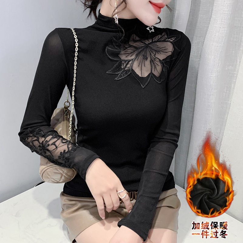 Áo lưới dài tay vải lông cừu Cổ Cao Phối Ren Phong Cách Mới