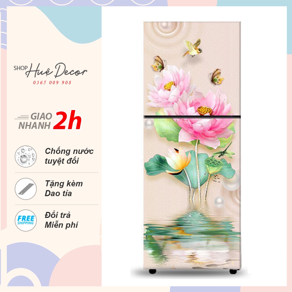 Decal dán tủ lạnh- máy giặt 3D Hoa Sen hồng HUE DECOR chất liệu decal cao cấp siêu bền, chống nước