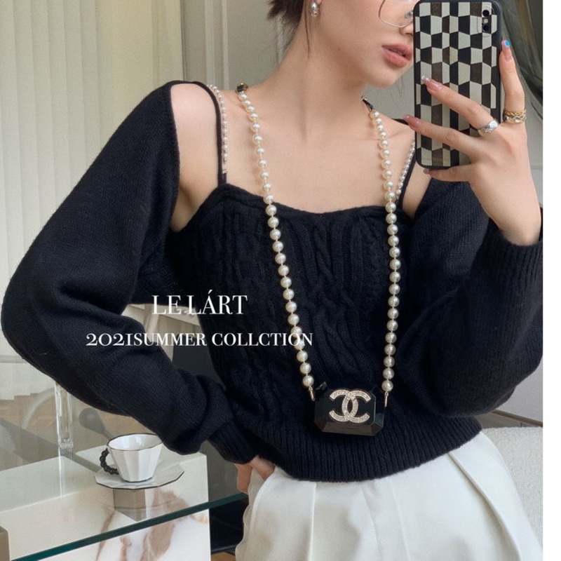 Áo Len Cardigan Dài Tay Hai Dây Đính Ngọc Trai Phong Cách Pháp Cổ Điển Dành Cho Nữ