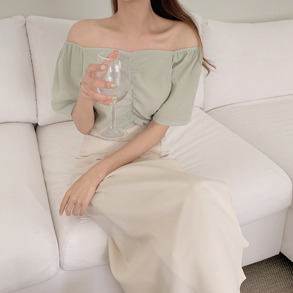 Áo sơ mi cổ chữ V tay ngắn/ chân váy dài xẻ tà 44625 phong cách Hàn Quốc dành cho nữ