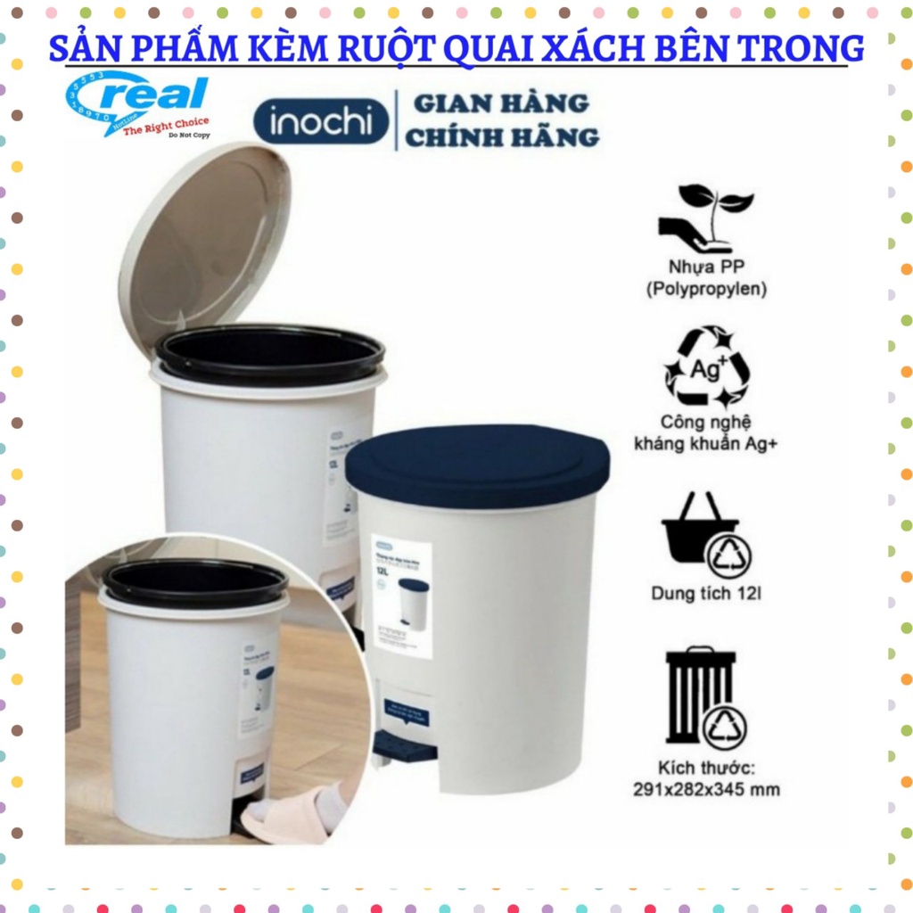 Thùng rác đạp Tròn inochi Hiro 6L và 12L ,thùng rác nhựa chân đạp, thùng rác cao cấp kháng khuẩn inochi