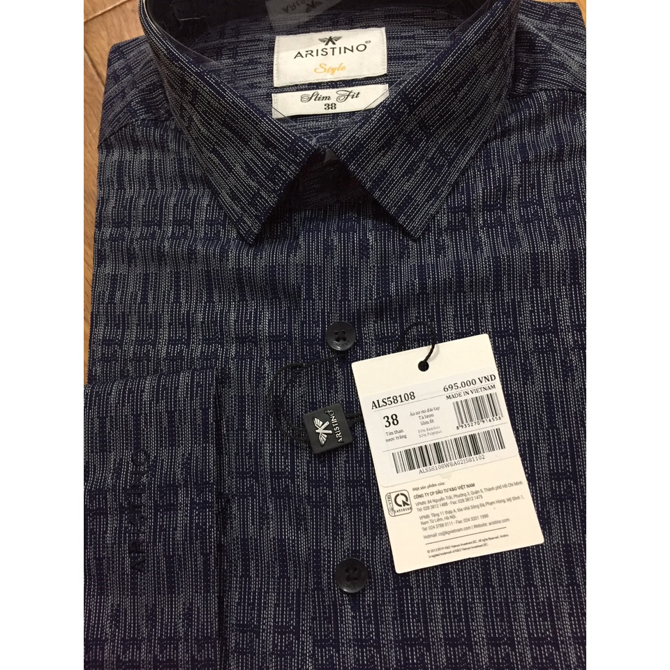 Áo sơ mi nam dài tay nam ARISTINO ALS58108 tím than sược trắng, dáng slimfit, chất liệu bamboo sợi tre