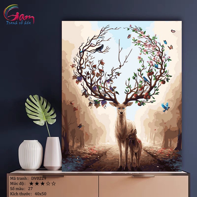 Tranh tô màu theo số hươu nai thần lộc GAM đã căng khung dày DV0229