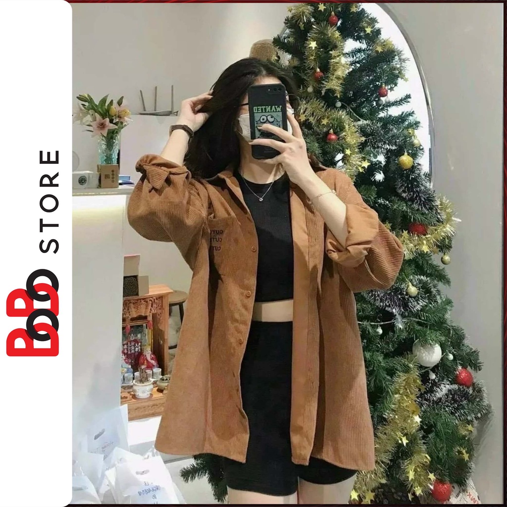 Áo khoác sơ mi nhung tăm có túi oversize dành cho nữ thêu chữ cute girl - BoBo Store