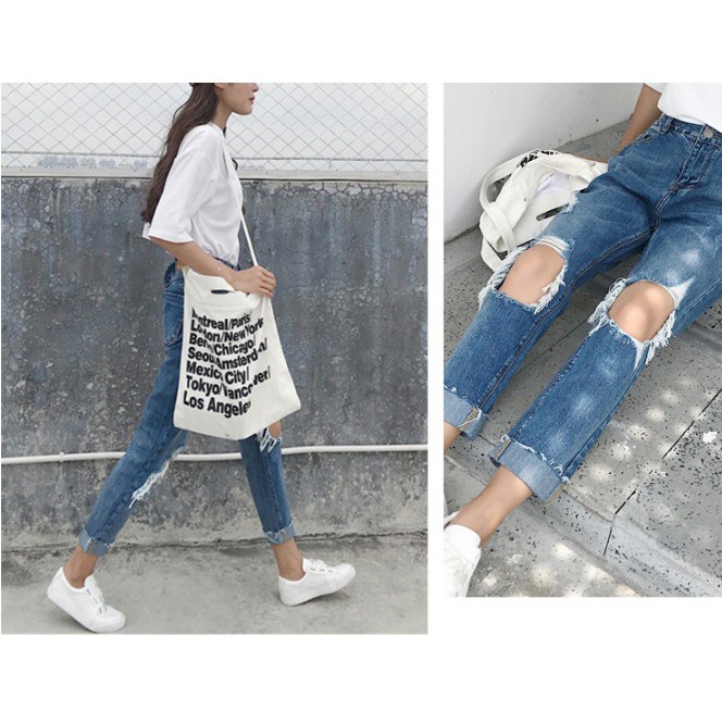 [TẶNG KÈM QUÀ] Quần jean lửng rách gối sành điệu, năng động, hàng Quảng Châu chất lượng