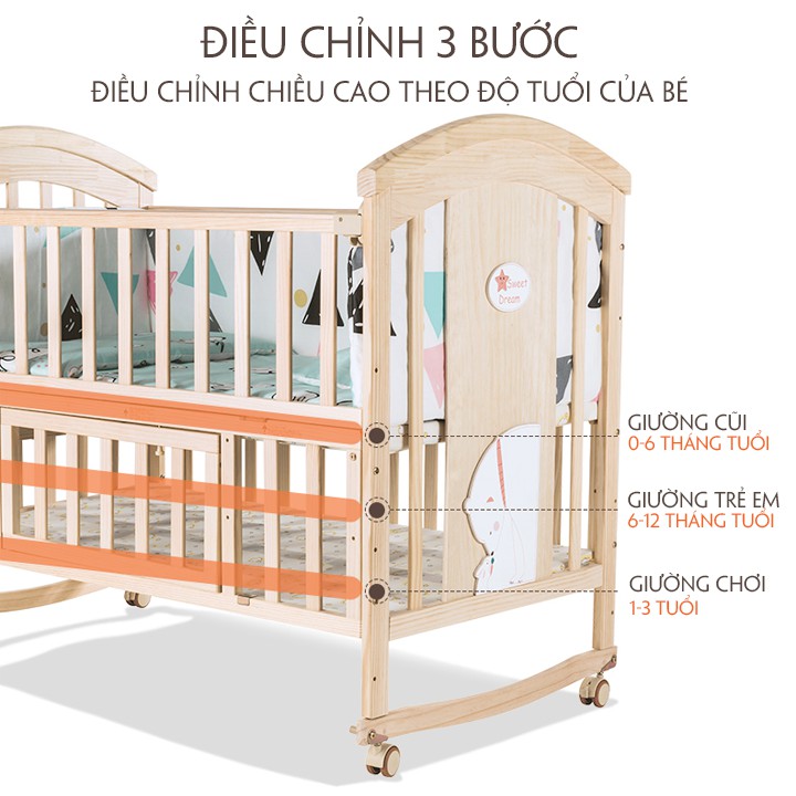 Cũi gỗ cho bé kéo dài thành giường ghép bố mẹ kích thước  - Leli Official