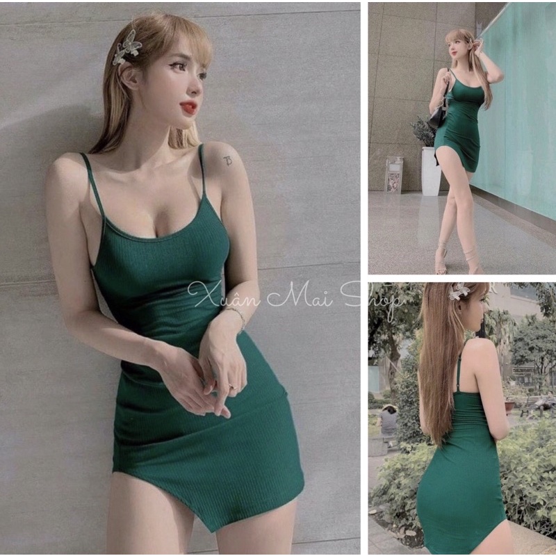Đầm ôm, đầm body hai dây xẻ đùi chất liệu len tăm màu XANH- ĐEN tôn dáng tôn d