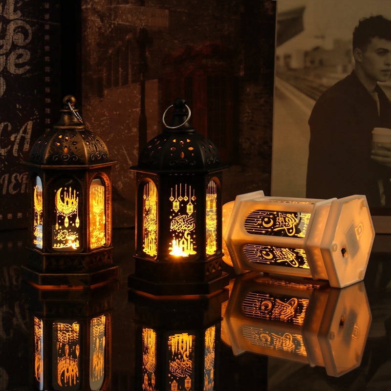 Eid Mubarak Ramadan Đèn LED Vàng Có Tay Cầm Trang Trí Ban Đêm Hình Đèn Lồng Hồi Giáo Ấm Áp Có Tay Cầm