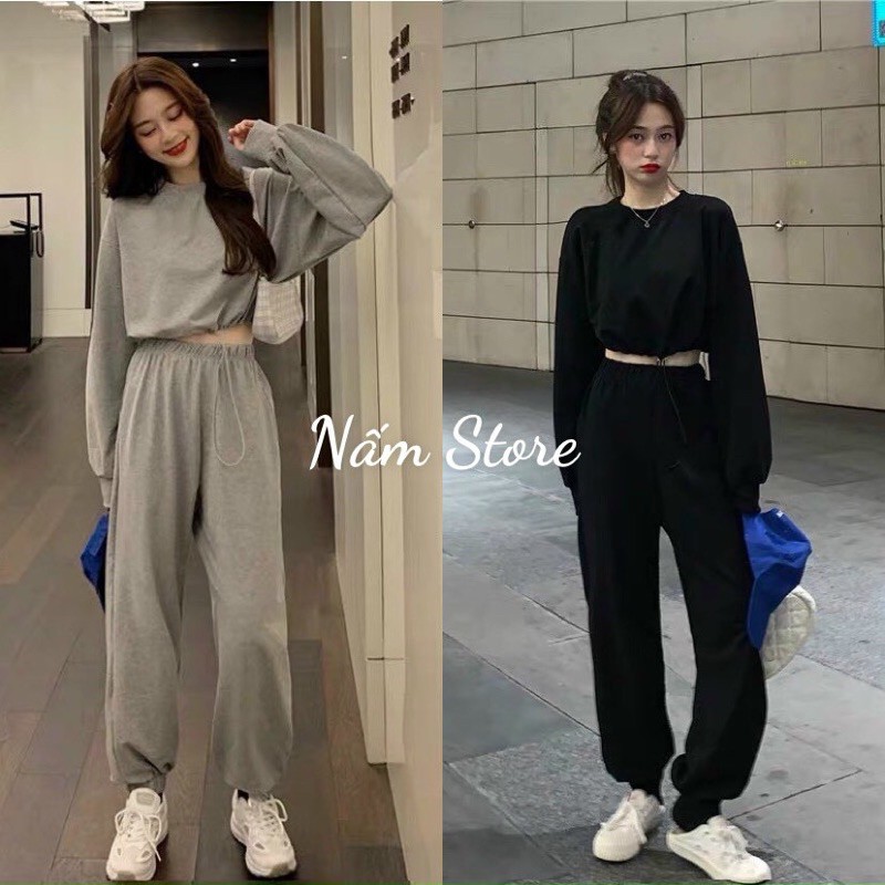 [Mã FATHANG5 giảm 10K đơn 50K] Set thể thao áo croptop tay dài rút dây + quần jogger trơn dài ống bo unisex