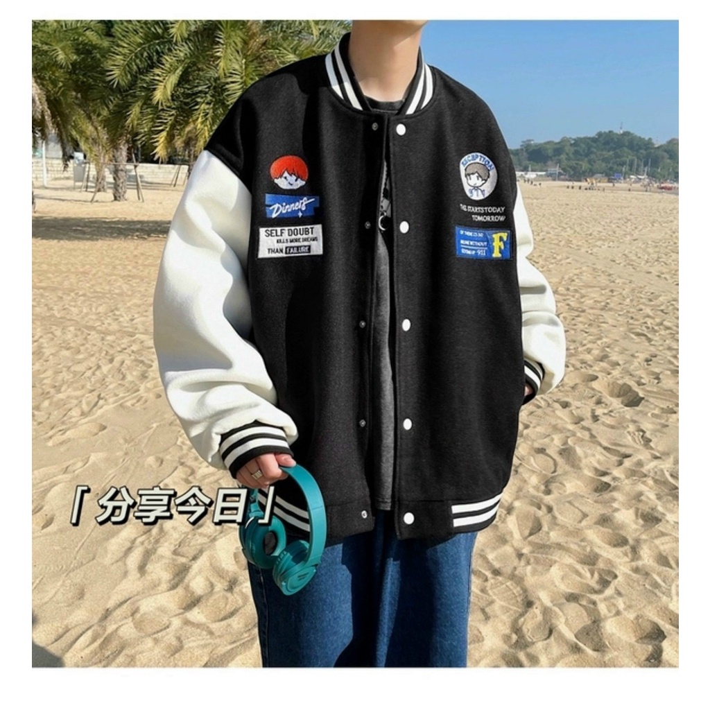 Áo Bomber 𝗙𝗥𝗘𝗘𝗦𝗛𝗜𝗣  Áo khoác bomber ĐEN CHỮ M nam nữ freesize unisex kute hàn quốc dễ thương varsity cao cấp giá rẻ.