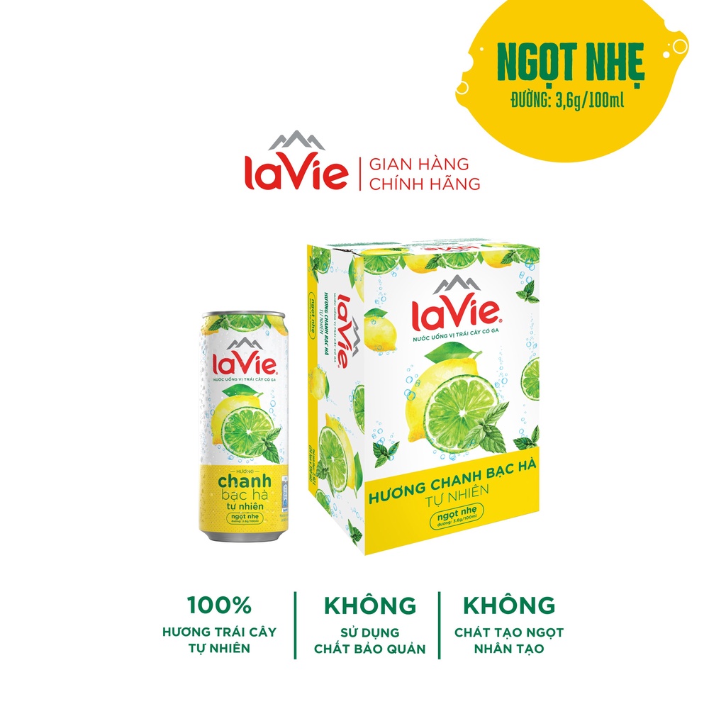 Thùng 24 lon Nước uống vị trái cây có ga La Vie - Vị Chanh Bạc Hà (24 lon x 330ml/lon)