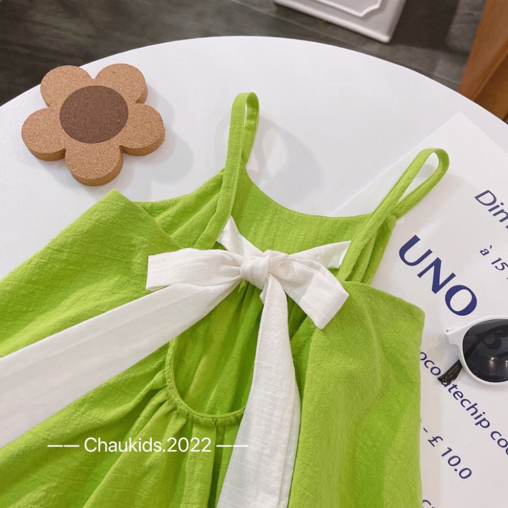 Váy bé gái, Váy maxi 2 dây nơ lưng tone xanh cốm- trắng siêu yêu cho bé