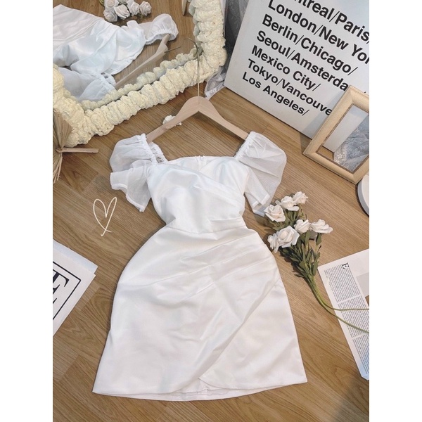 ĐẦM CHÉO NGỰC XẾP LY TAY TƠ TRẮNG