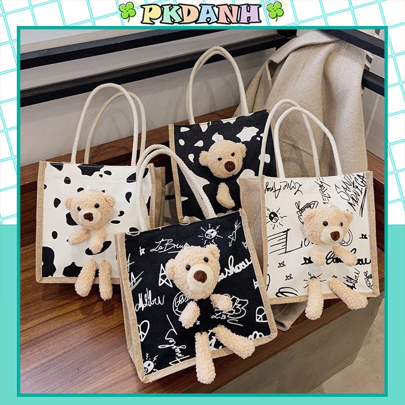 Túi cói vải mini hình gấu teddy siêu xinh, túi xách tote canvas mẫu bear