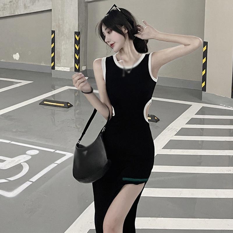 Đầm ôm không tay cổ tròn xẻ tà phong cách Hàn Quốc thời trang cho nữ