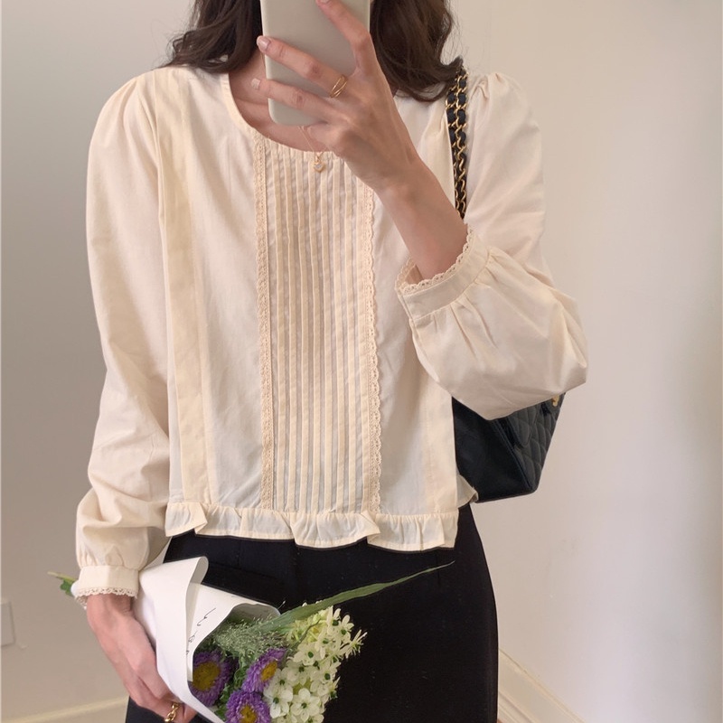 SUXI Áo Sơ Mi Tay Dài Cổ Tròn Dáng Rộng Kiểu Vintage Hàn Quốc Thiết Kế Đơn Giản Cá Tính