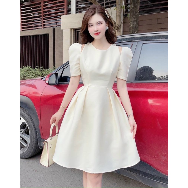 Đầm Nữ Thời Trang Mặc Đi Tiệc, Đầm Nữ Tapta Tay Ngắn Xẻ Vai Váy Xếp Ly Đi Tiệc Sang Chảnh
