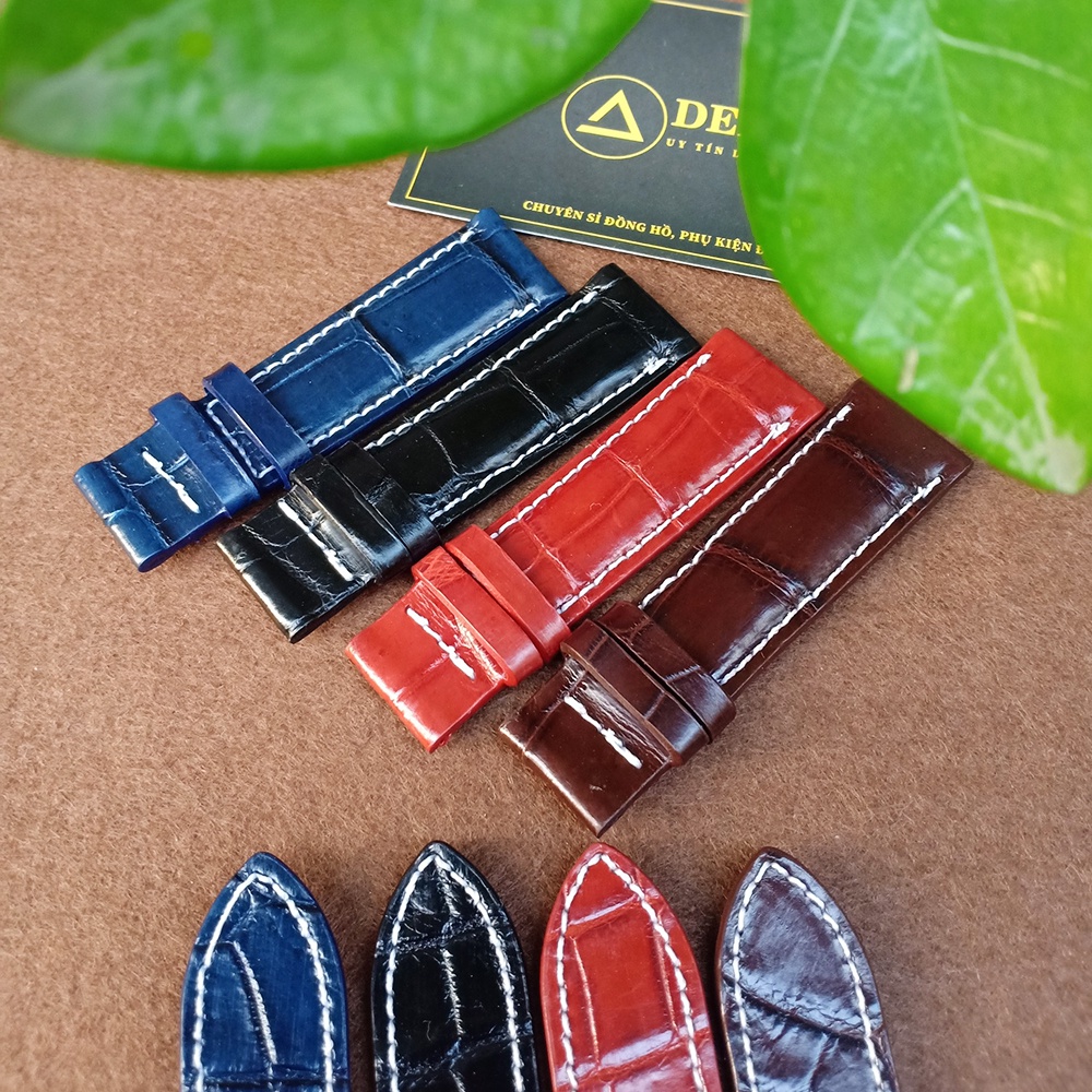 Dây da đồng hồ nam da cá sấu đốt tre khâu tay chỉ trắng cao cấp size 18mm, 20mm, 22mm