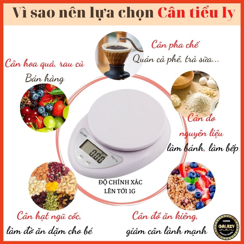 Cân Tiểu Ly Điện Tử Cao Cấp Nhà Bếp Mini Galaxy Coffee Định Lượng 1kg 3kg 5kg 10kg Cân Tiểu Li Tặng Kèm Pin