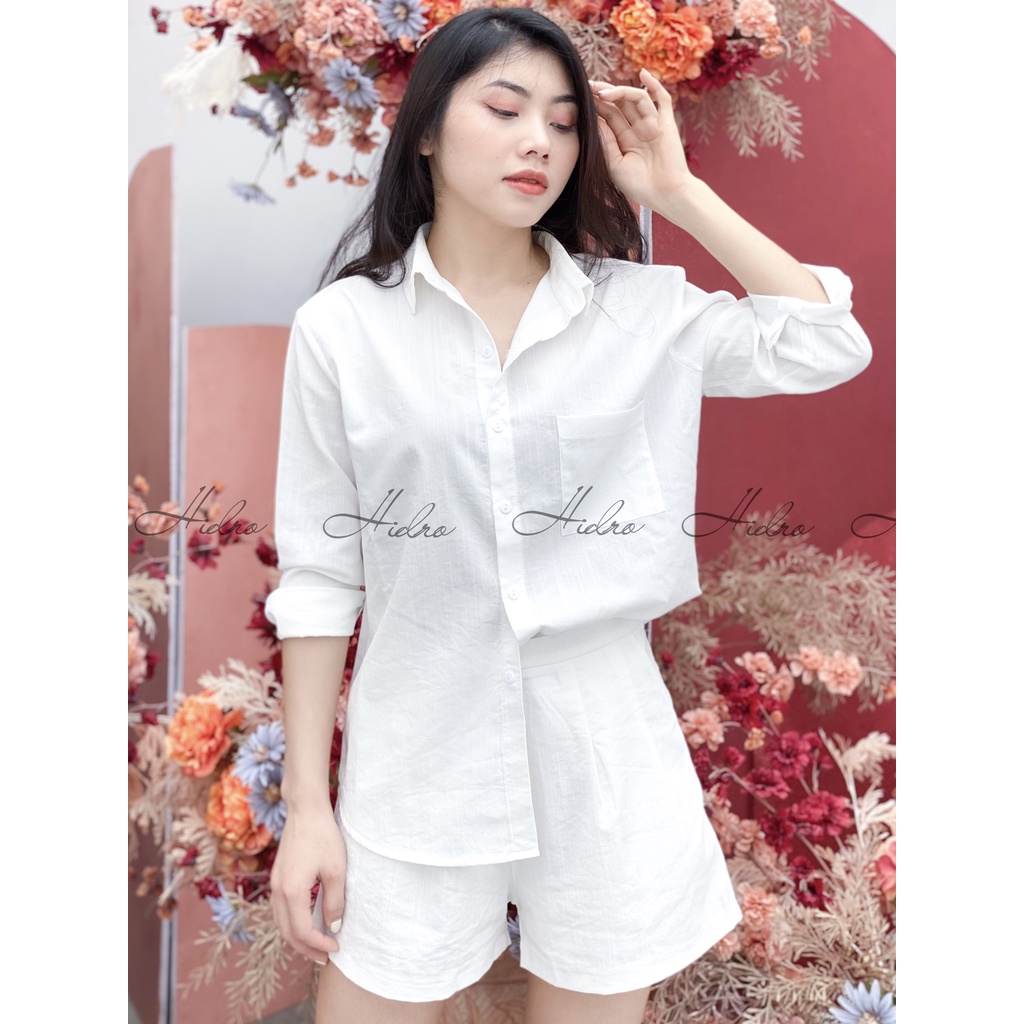 Set áo sơ mi đũi dài tay mix quần short trắng