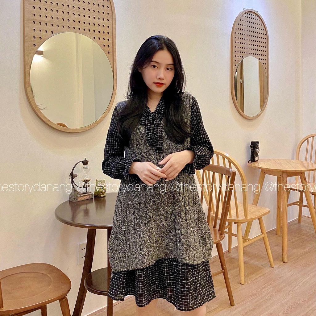 Set đầm caro cột nơ mix ghi lê nữ tiêu  S323