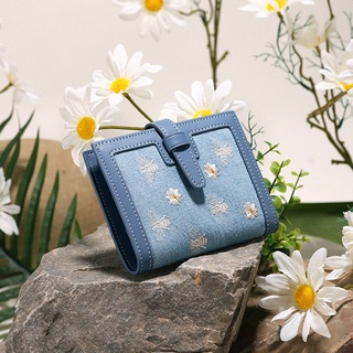 Ví ngắn nữ TOUCH ví gập mini viền da hoạ tiết hoa cúc thêu trên nền vải denim