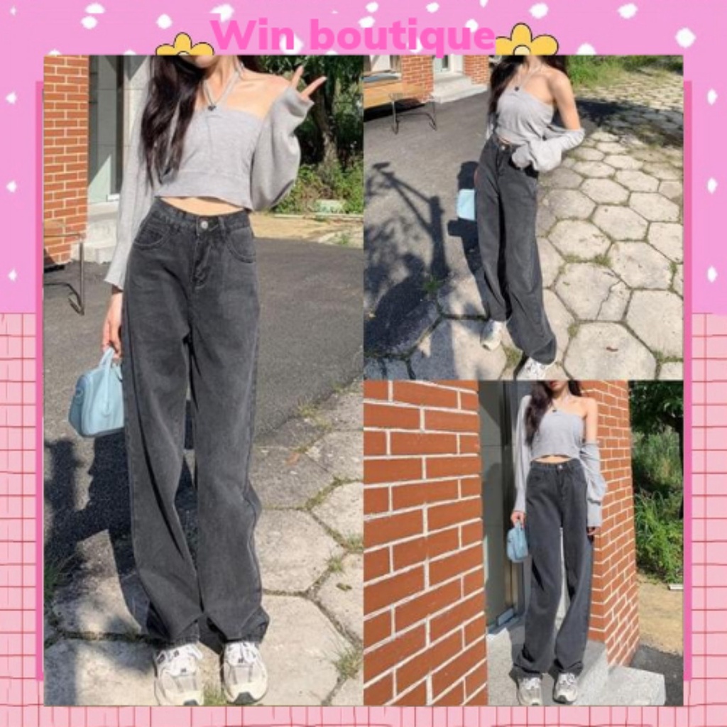 Quần ống rộng Xám Khói dài cạp cao chất jeans cao cấp dễ phối đồ phong cách Hàn Quốc