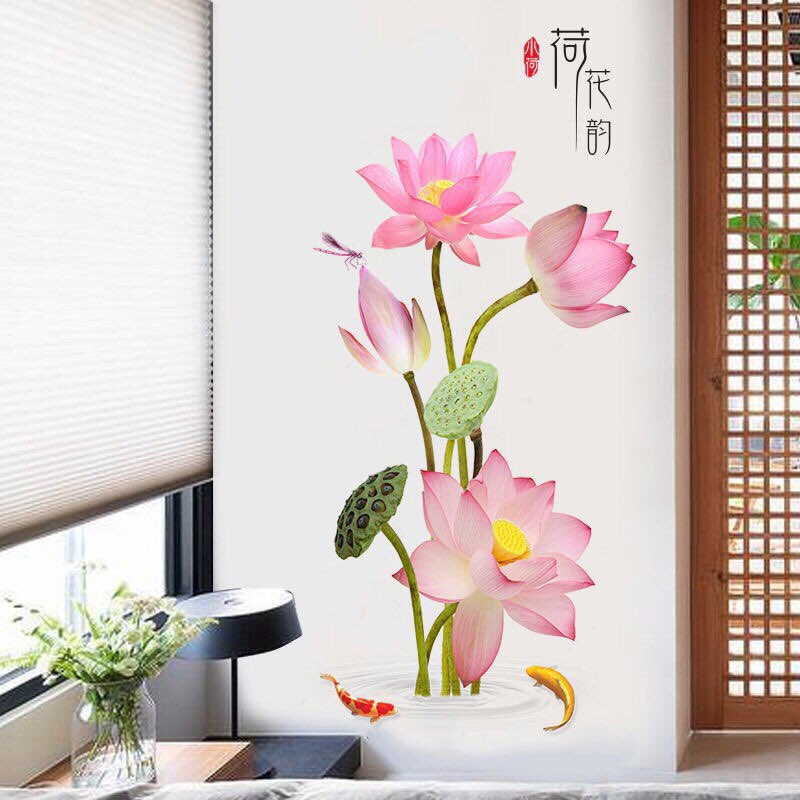 Decal dán tường Hoa sen hồng mới 3D 02( kích thước 50 x 130 cm)