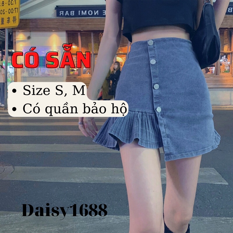 Chân váy jean xếp ly đuôi cá, váy bò ngắn có sẵn ảnh thật có quần trong