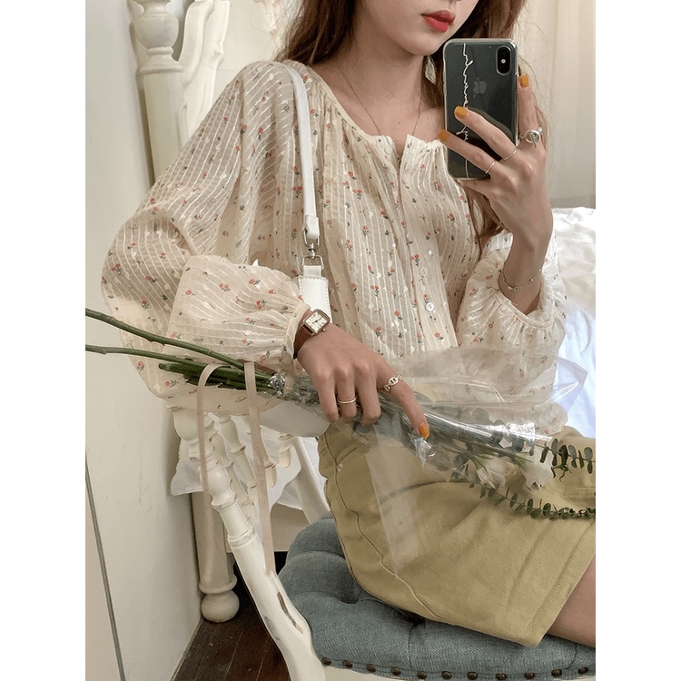 Áo Sơ Mi Chiffon Tay Dài Dáng Rộng Họa Tiết Kẻ Sọc Thời Trang Hàn Quốc