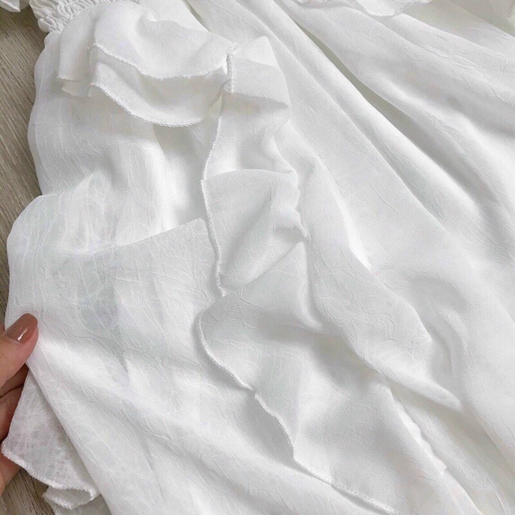 Đầm váy maxi trắng phối bèo sẻ tà nhúm eo dáng dài công chúa hở lưng đi biển chgupj hình kỉ yếu nàng thơ Hà Kiều MSP054