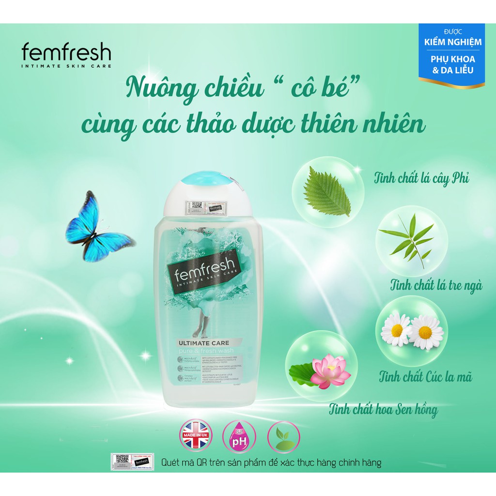 Dung Dịch Vệ Sinh Cho Người Nhạy Cảm Giúp Vùng Kín Sạch Thơm Tươi Mới Femfresh Pure &amp; Fresh Wash 250ml UK