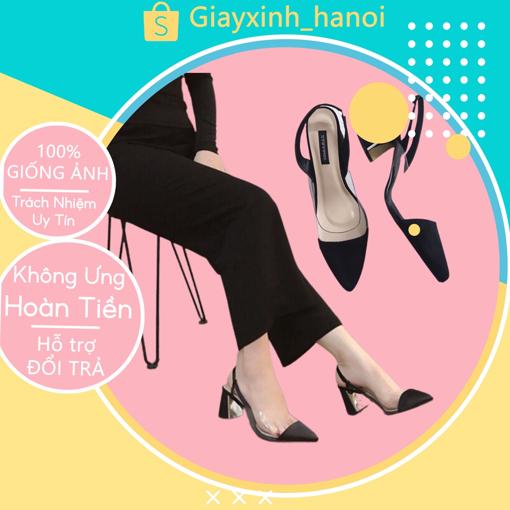 Giày cao gót nữ đế vuông cao 7p, Giày hở gót mũi nhọn phối quai trong kiểu dang thanh lịch trang trọng
