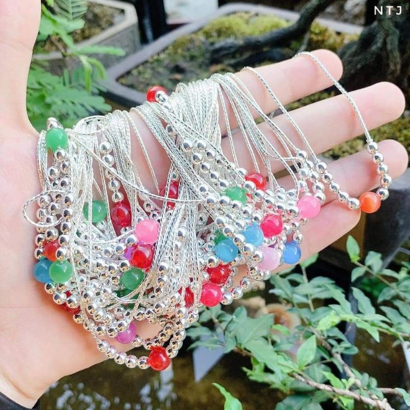 Dây chuyền bi bạc ta loại sợi to kèm quả đủ màu cho bé yêu