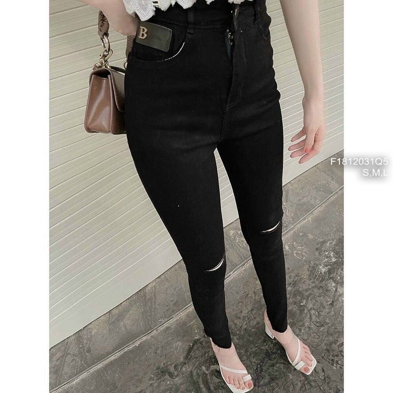 Quần jeans mác da đen rách đùi siêu co giãn ôm chân tôn dáng