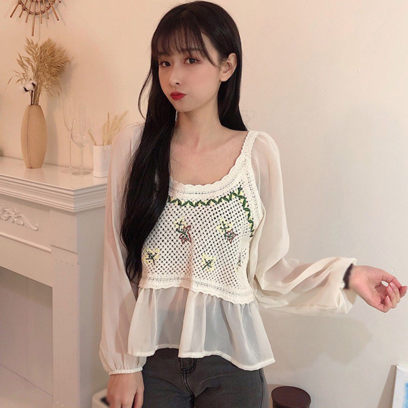 Áo Dệt Kim Nữ Tay Dài Phối Ren Thời Trang