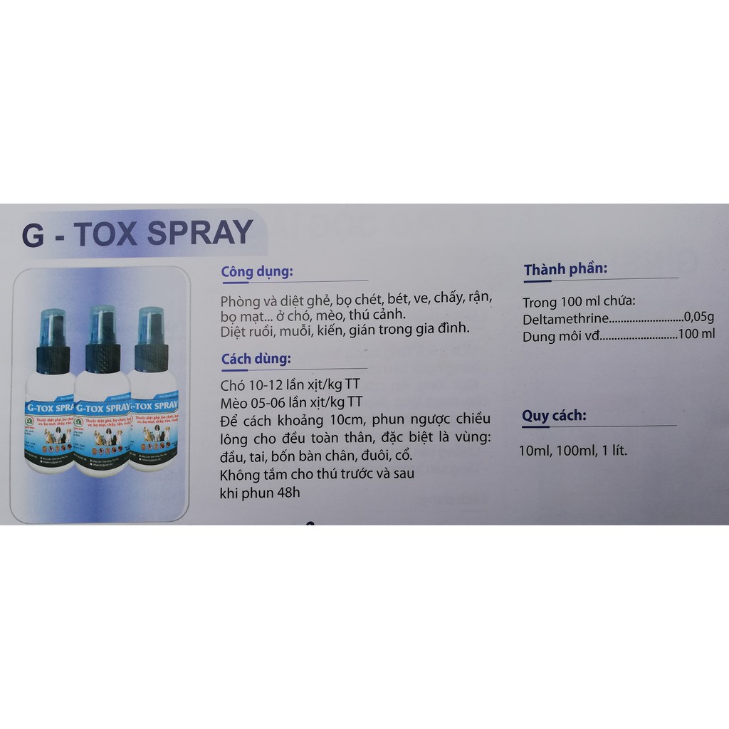 1 lọ G-TOX SPRAY 100 ml chuyên dùng để diệt ghẻ, bọ chét, bét ve, bọ mạt chấy, rận, ruồi trên gia súc, gia cầm, chó mèo