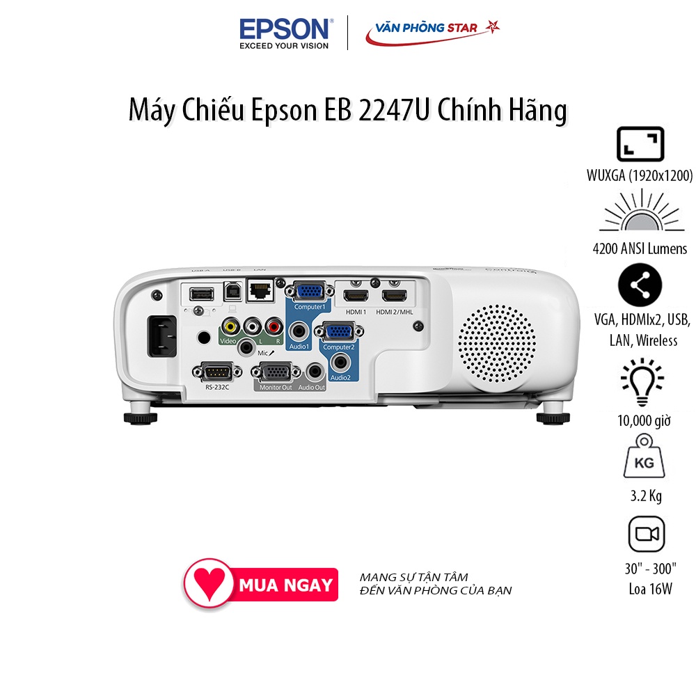 Máy Chiếu Epson EB 2247U Độ phân giải WUXGA (1920x1200) Cường độ sáng 4200 ANSI Lumens, Tuổi thọ bóng 10000 giờ