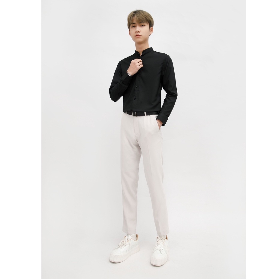 Áo Sơ Mi Trơn Cổ Tàu Dài Tay Nam MANDO 2 Màu Đen Trắng Chất Cotton Form Rộng Basic Unisex Thời Trang Hàn Quốc SMD121