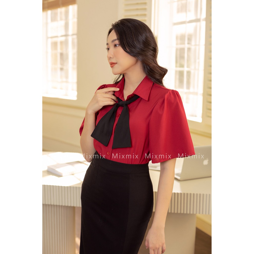 Áo Sơ mi Kate Ý tay ngắn phồng Jesse- MIXMIX - Hàng thiết kế - hình thật shop chụp