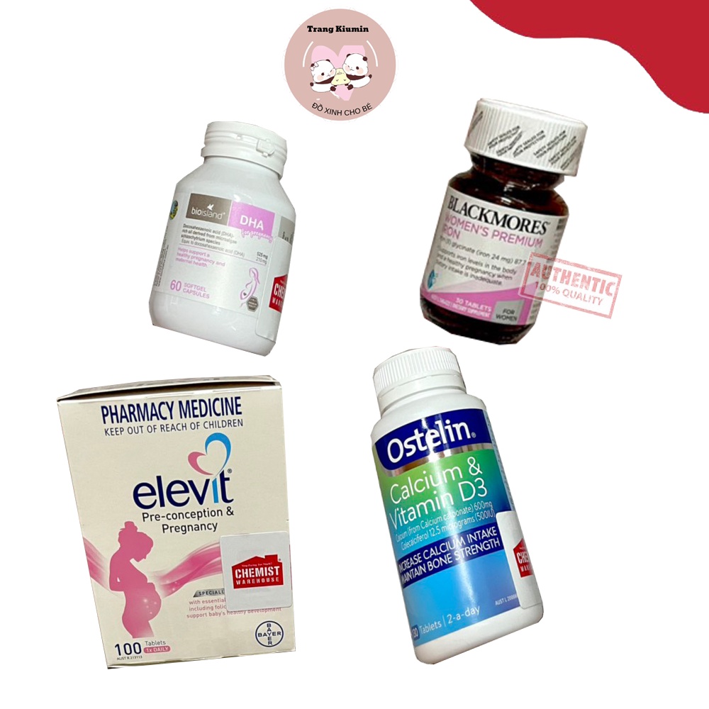 Combo Dành Cho Bà Bầu Elevit - DHA Bio Island - Ostelin Vitamin D & Calcium - Sắt Blackmores Iron