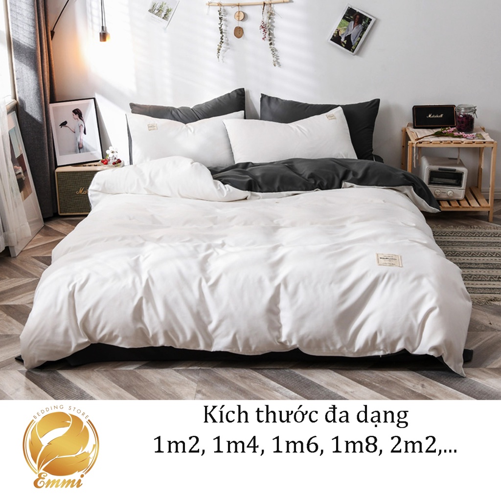 Bộ chan ga goi Emmibedding store mẫu trắng mix ghi
