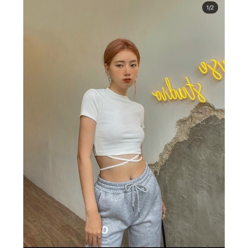 Áo croptop buộc dây eo ngắn tay, áo croptop ngắn buộc dây bụng Áo Croptop Đan Dây Eo Phông thun body dáng ôm ĐEN TRẮNG